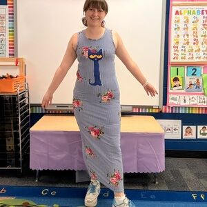 Striped Blue Floral Maxi Dress with Cat Applique - Women's